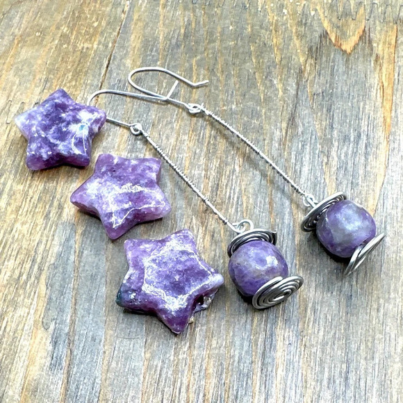 Lepidolite maxi balanced bar dangle spheres chunky purple statement earrings - Picture 1 of 4
